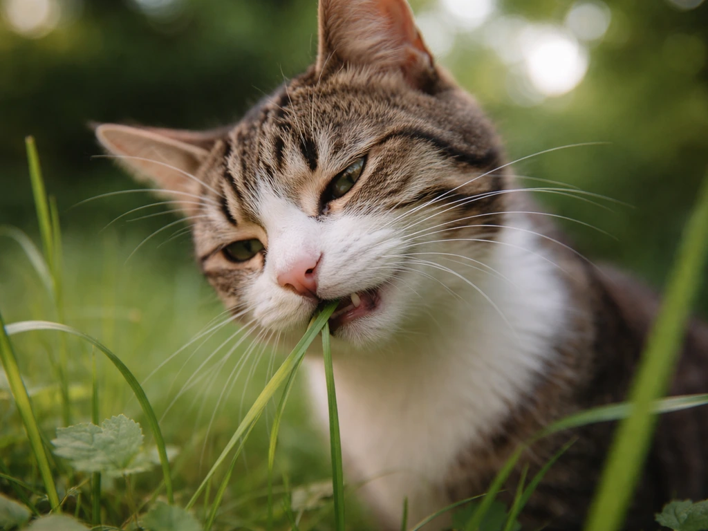 Close-up van een kat die voorzichtig aan een grasspriet knabbelt in een tuin.