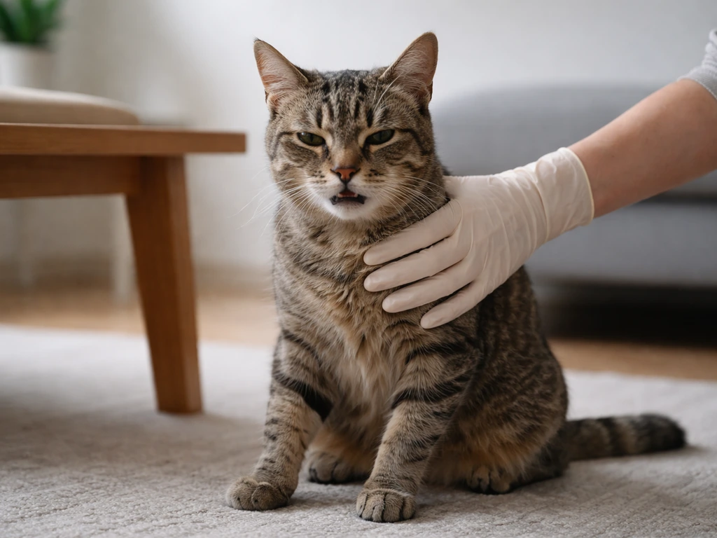 Sloom ogende huiskat die door een hand met handschoen wordt gecontroleerd, als alarmteken bij ziekte.