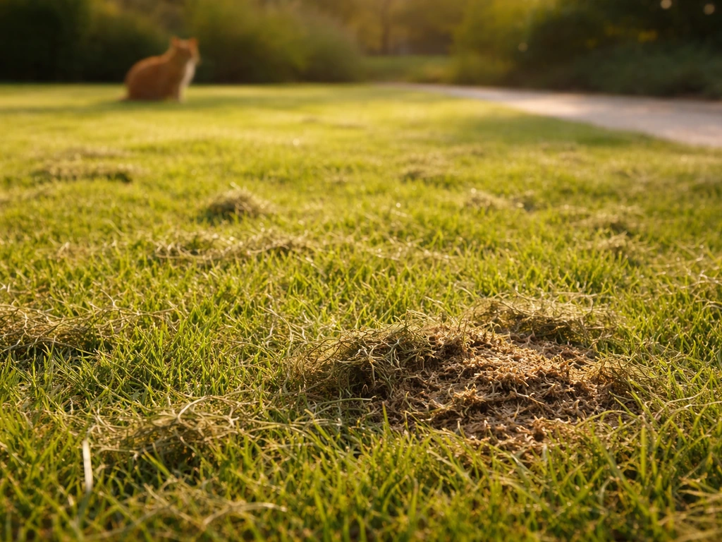 Warm beschenen gazon met maaisel dat op het gras blijft liggen, subtiel risico op fermenteren.