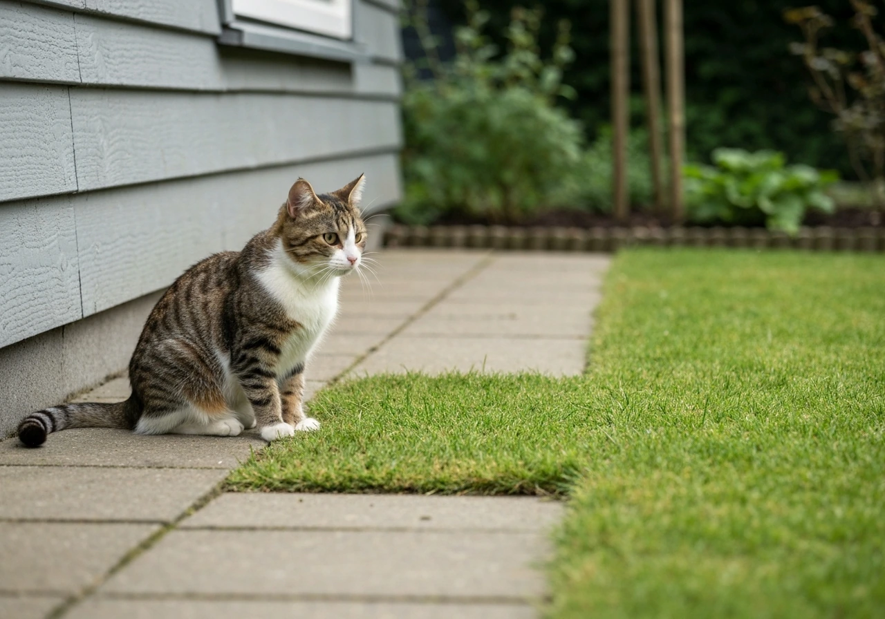 Poetsende kat kijkt naar een plukje gras aan de rand van de tuin, zonder drama.