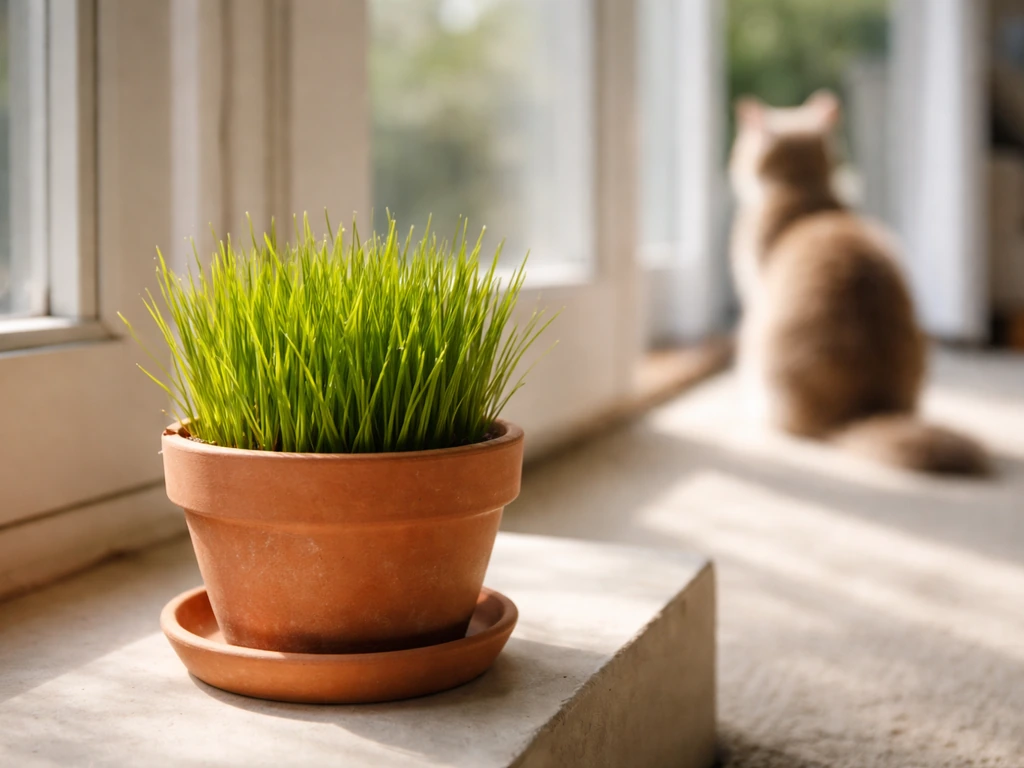 Groene pot met kattengras op ooghoogte bij de keukendeur, met een rustige huiselijke achtergrond.