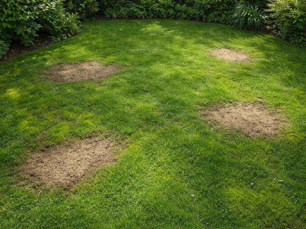 Bovenaanzicht van een gazon met kale plekken en mos, met nieuw gras dat wordt ingezaaid voor herstel.