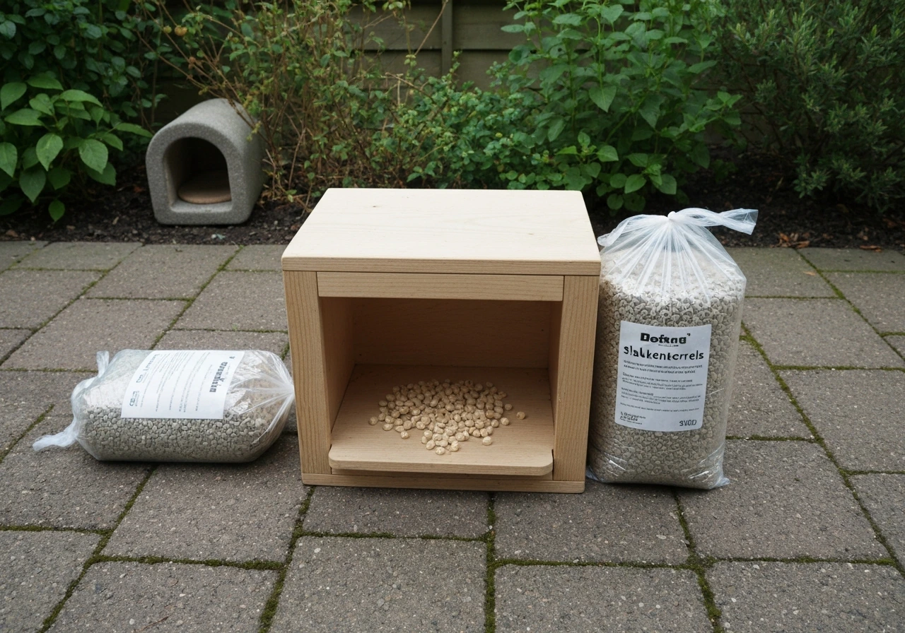 Afgeschermde legplaats met slakkenkorrels en een gesloten verpakking bij een kattenluik, als veiligheidsbeeld.