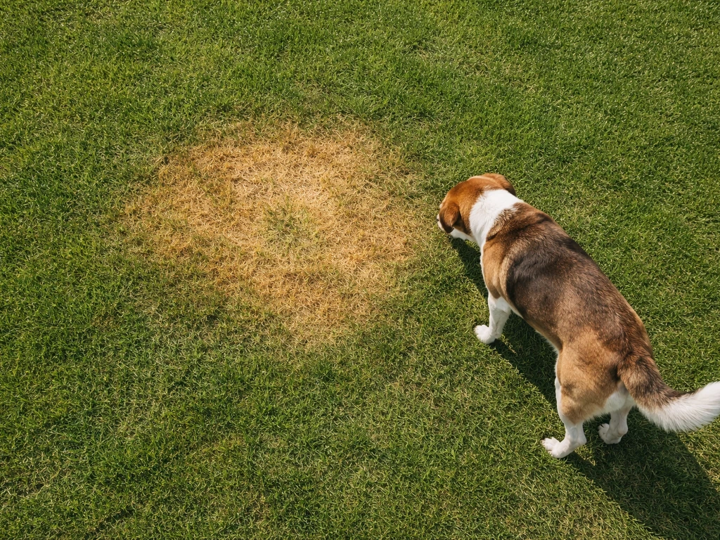 Bovenaanzicht van een hond naast een gazon met een duidelijke gele/bruine urineplek