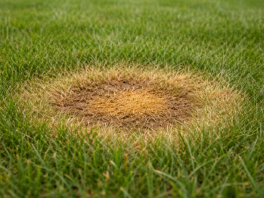 Close-up van gazon met strogele tot bruine urineschade en ringvormig patroon door grasverdorring.