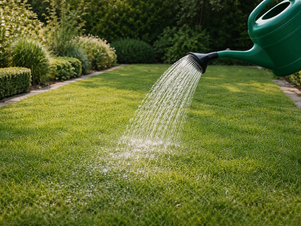 Een groene gieter giet schoon water op gras en laat zien hoe de plek direct wordt doordrenkt.