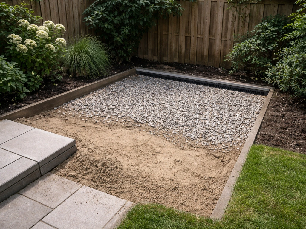 Aangelegde plashoek met grofkiezel/los zand en zichtbare afvoergoot bij de tuinrand.