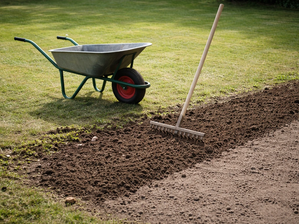 Voor het zaaien van gras: losgemaakte grond met hark en een kruiwagen op een tuinperceel na mos verwijderen.