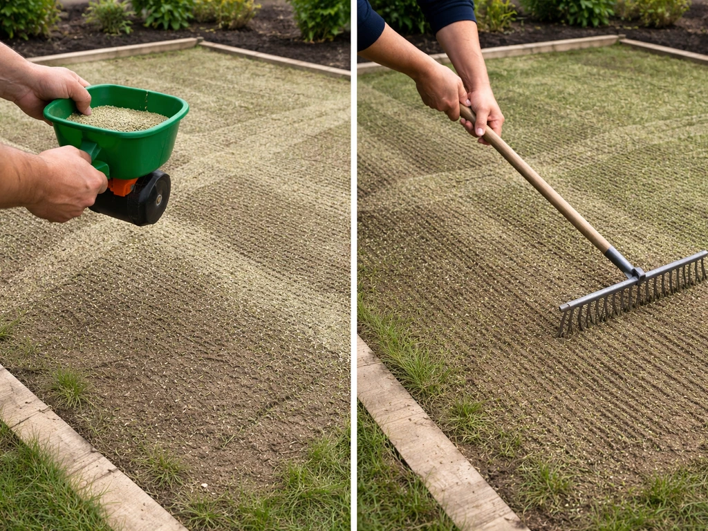 Tuinier zaait kruislings met een handstrooier op een afgebakend gazondeel, gevolgd door licht harken.