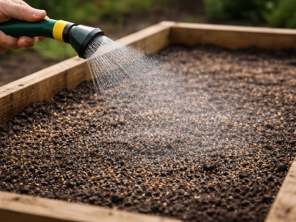 Close-up van pas gezaaide grasgrond met een tuinspuit die een fijne sproeinevel over de vochtige toplaag geeft.