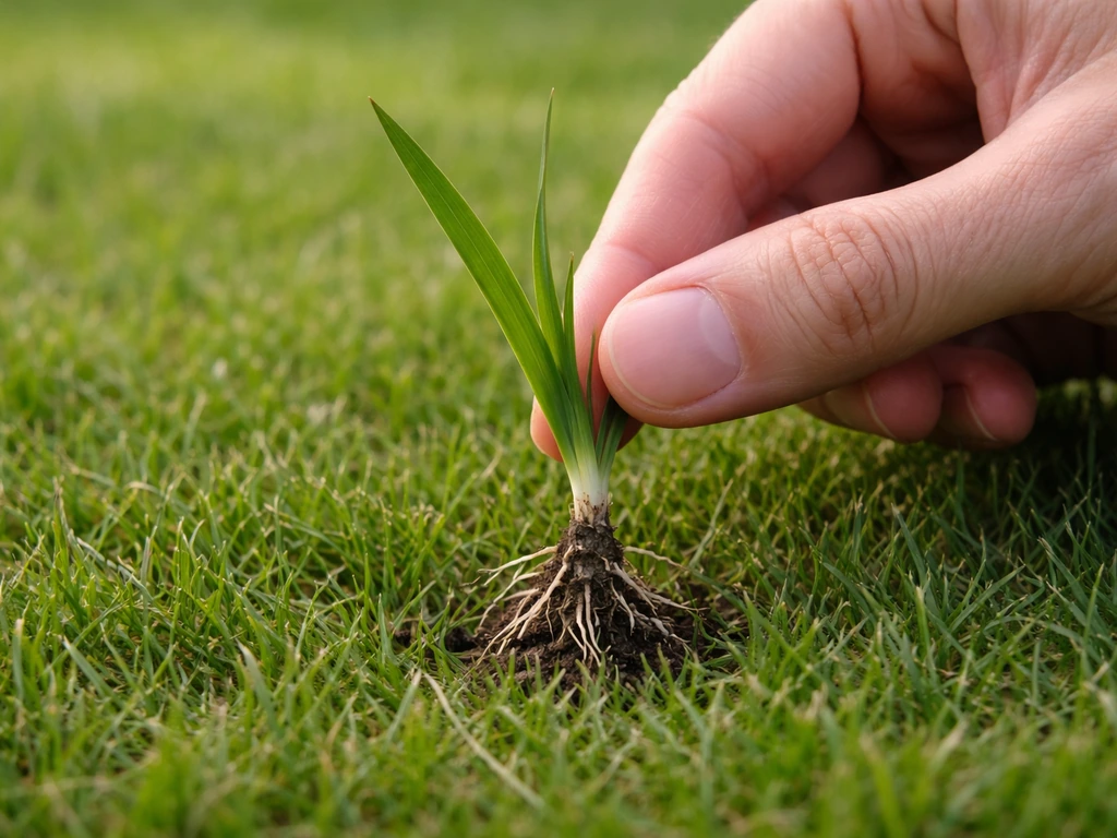 Hand die een grasspriet uit het gazon trekt, met zichtbaar blad en schede in een simpele buiten-setting.