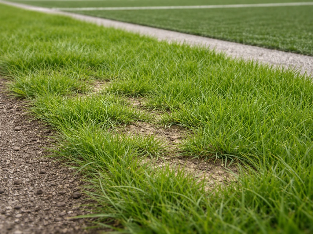 Herstellende strook veldbeemdgras langs een sportveld, dichter wordende zode na lichte beschadiging.