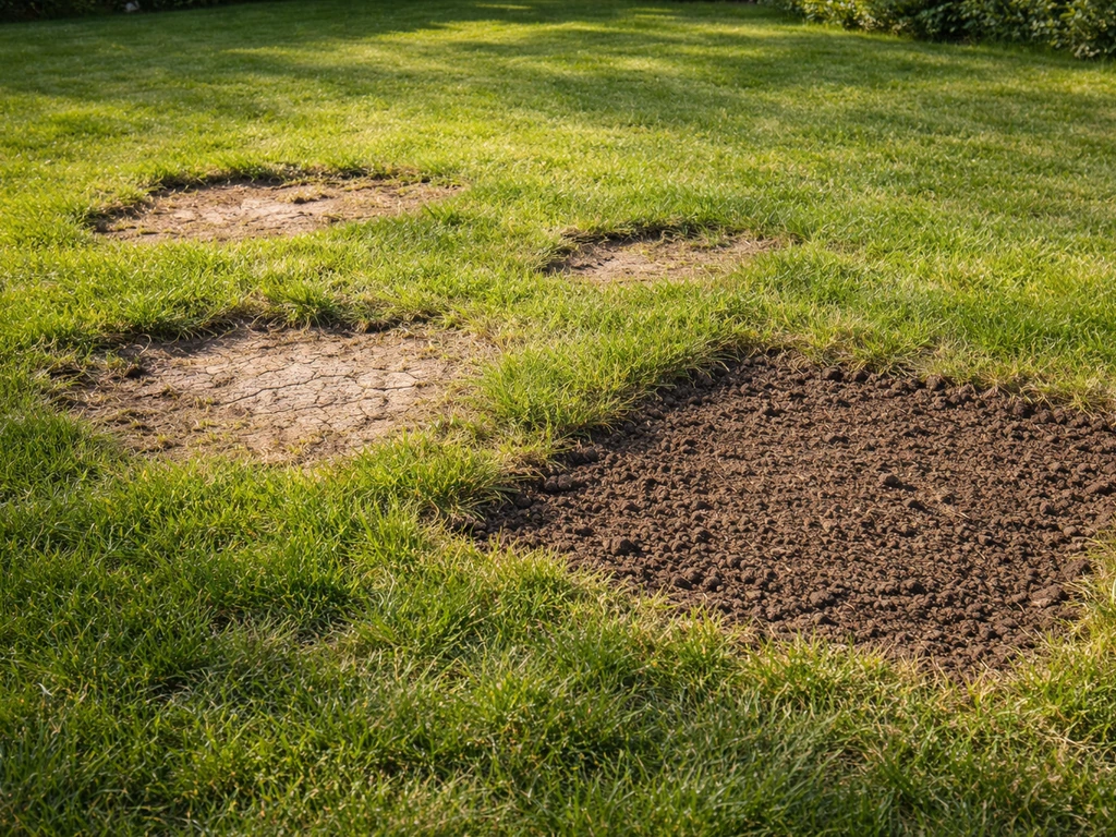 Kale plekken in een gazon met zichtbaar uitgedroogde/verdichte grond en een klaar perceel voor herinzaai.