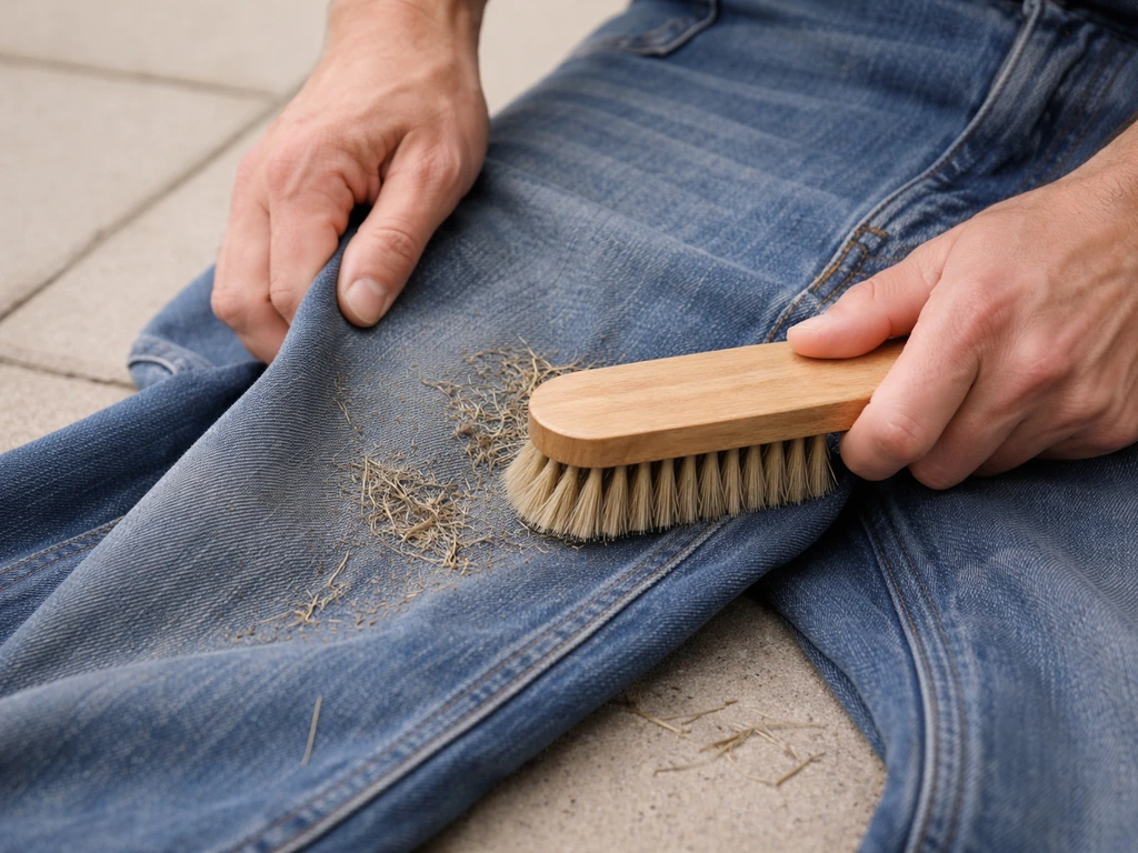 Handen borstelen droge grasresten voorzichtig uit een denim broek met een stevige kledingborstel.