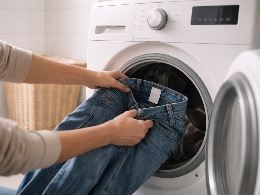 Handen plaatsen een spijkerbroek in een wasmachine; wasinstelling van de machine is subtiel zichtbaar.