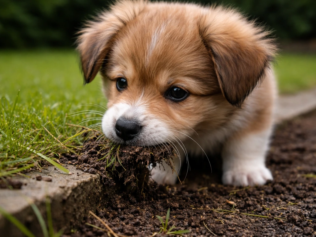 Jonge pup die gras en aarde bij de tuinrand opschept, met natte grond en duidelijke grasdetails in beeld.