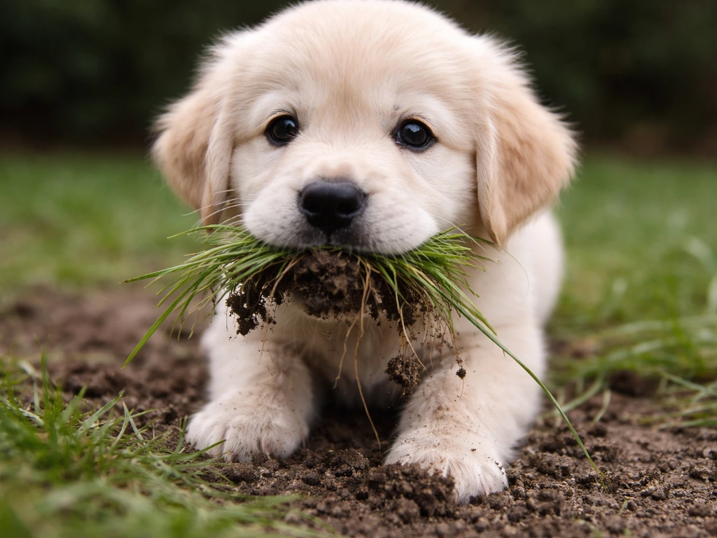 Close-up van een pup die gras en aarde opneemt, met graspol en grondtextuur duidelijk zichtbaar.