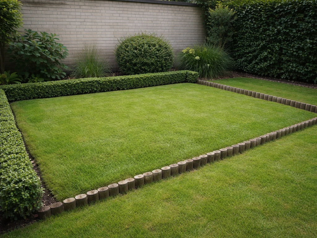 Afgebakend stukje kort gemaaid gazon in een tuin met lage omheining als pupveilige zone.