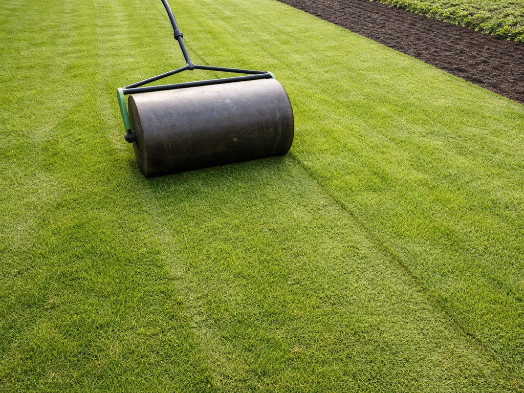 Bovenaanzicht: een tuinwals rolt over een net aangelegd gazon voor een egaal oppervlak.