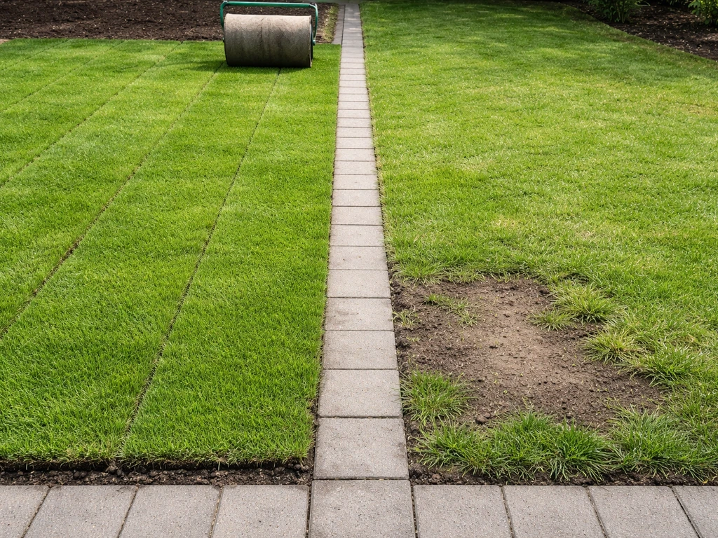 Links net uitgerold rolgazon met wals, rechts bestaand gras met kleine herstelplek en ongelijkheid