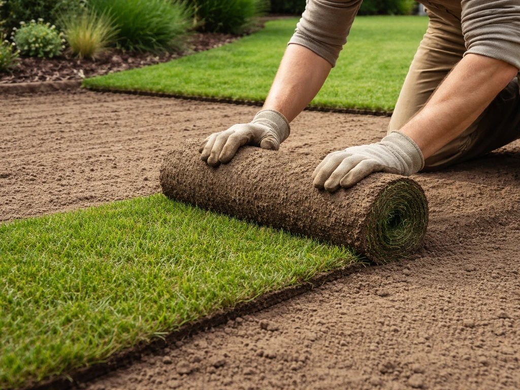 Rolzoden worden uitgerold op voorbereide tuinaarde; grasmat hecht direct aan de ondergrond.