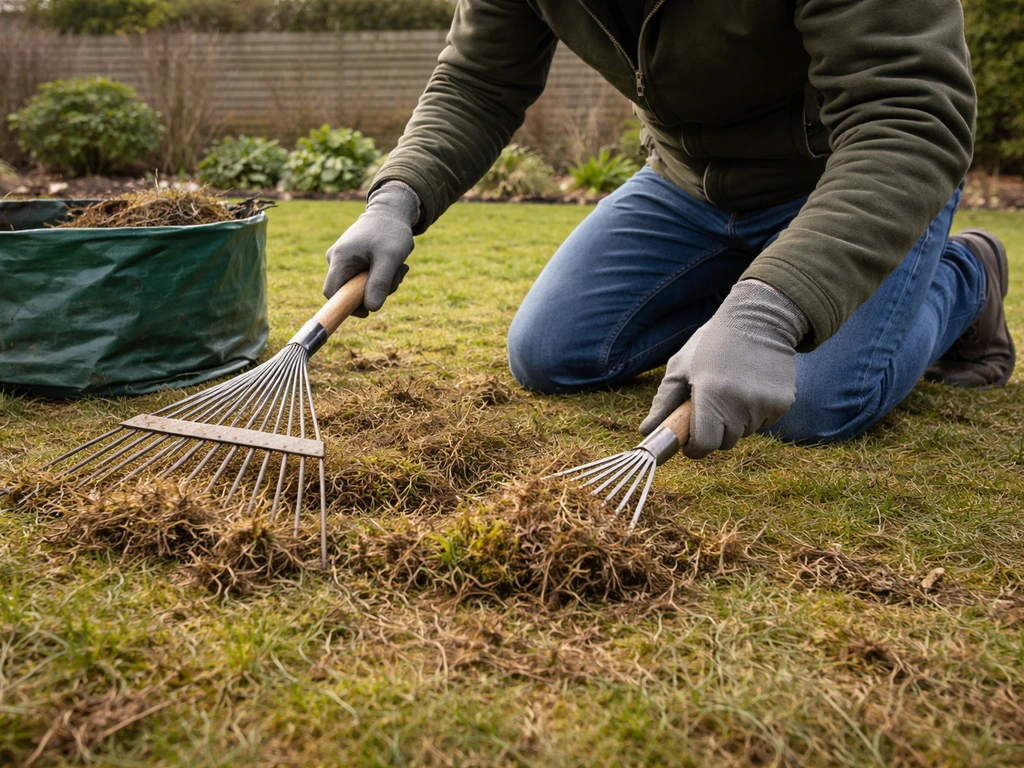 Tuinier in maart die met hark bladresten en vilt/mos losmaakt op een gazon voor de eerste maaibeurt.