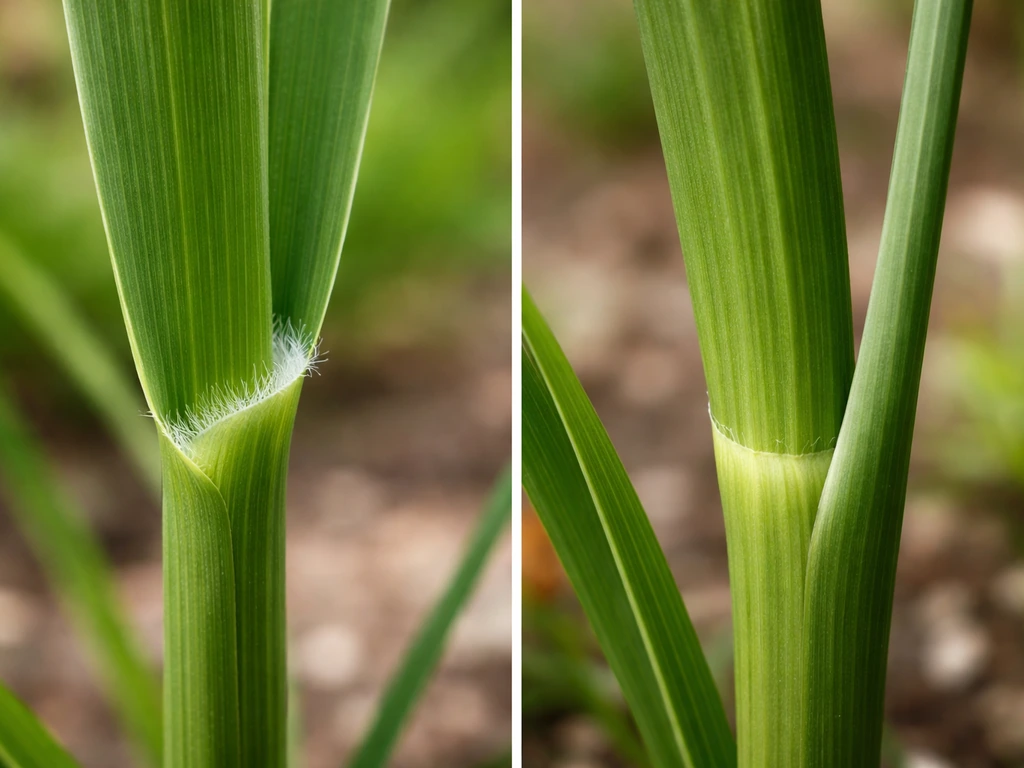 Macro close-up van gras met zichtbaar ligula/tongetje naast een look-alike zonder tongetje.