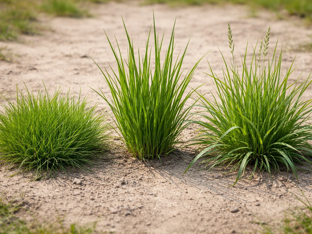Close-up van drie verschillende grassoorten met duidelijk zichtbare bladstructuur op kale bodem