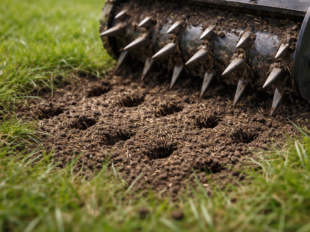 Close-up van een prikrol die de grond belucht, met vers zaad op kale plekken die opnieuw ingezaaid worden