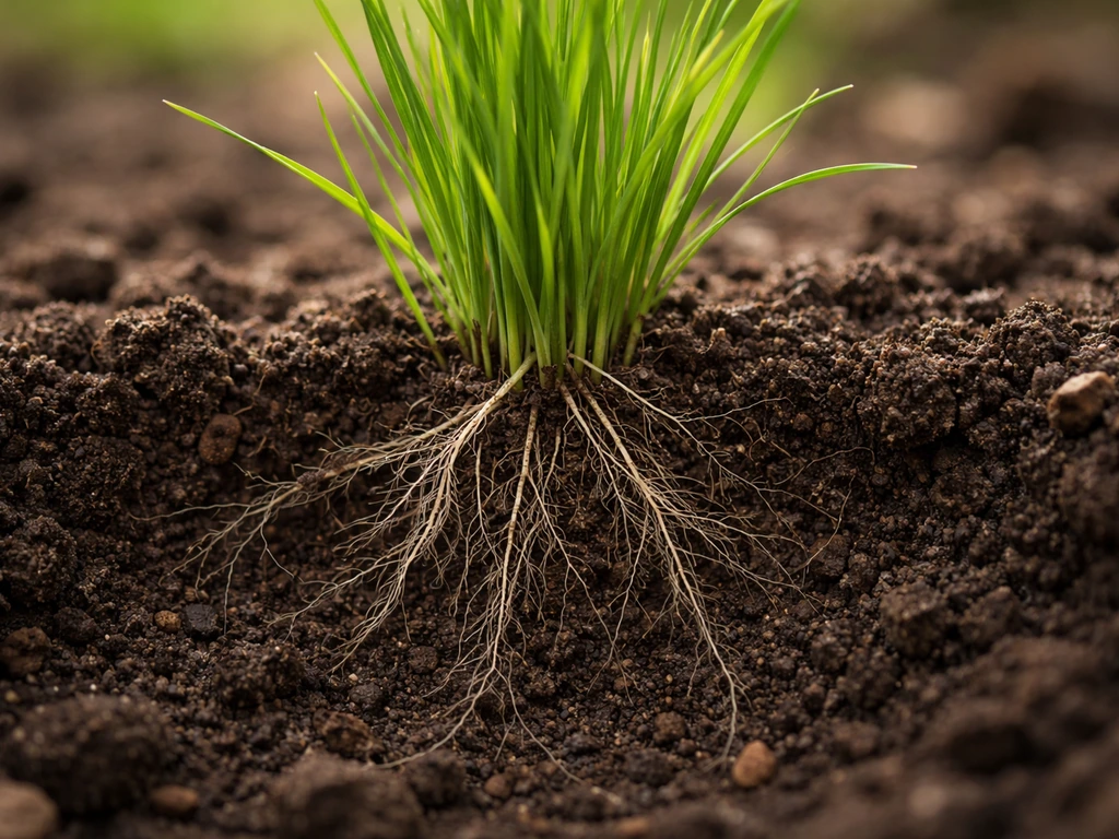 Close-up van groene grasbladen met fijne wortels in donkere, vochtige grond
