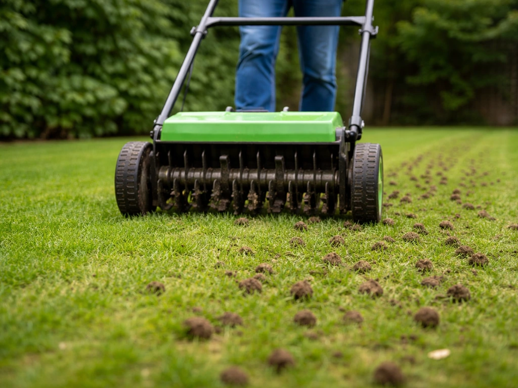 Tuinier belucht het gazon met een prik-beluchtingsmachine; zicht op de verdichte bodem die herstelt.
