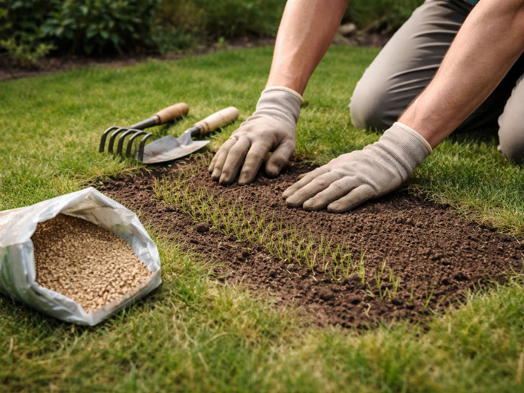 Tuinman herstelt kale grasplekken met opgeschraapte grond en nieuw ingezaaide stroken met jonge spruiten.