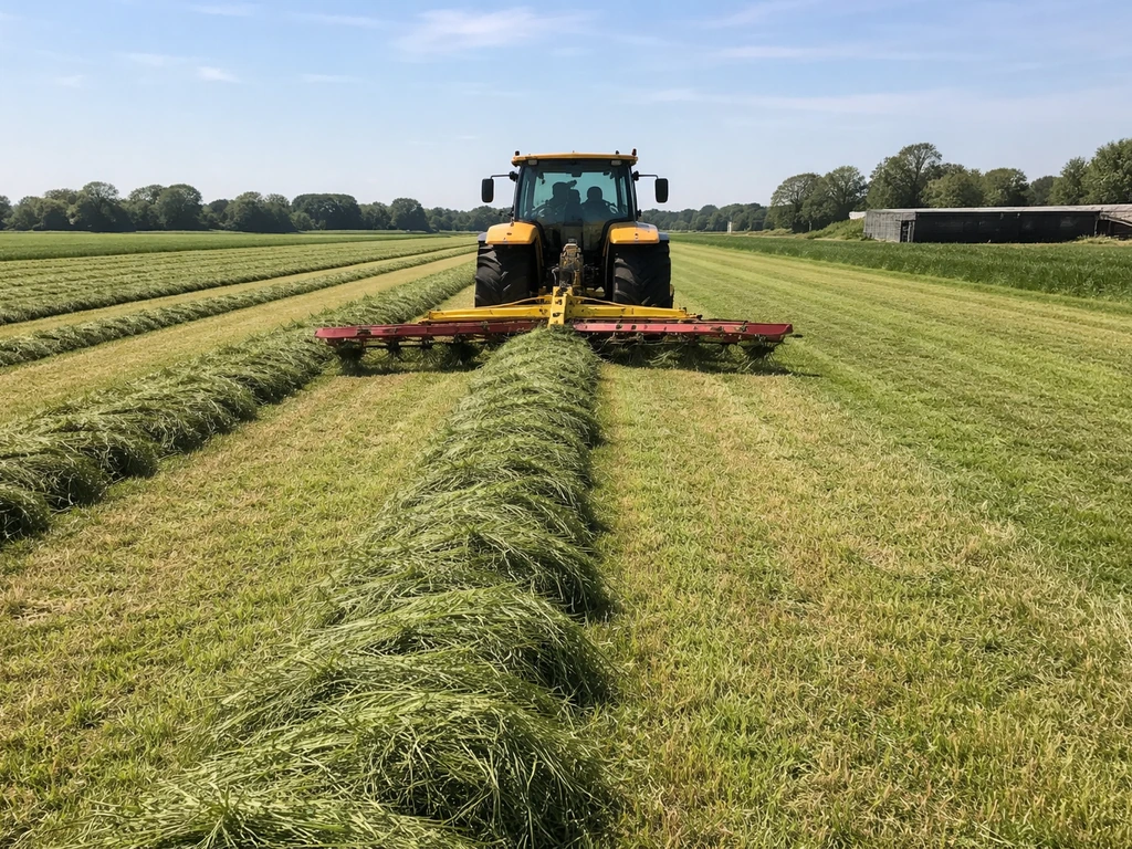 Landbouwer rijdt met zwadenschuiver; smalle graszwaden worden klaargezet voor opraaplader naar sleufsilo.