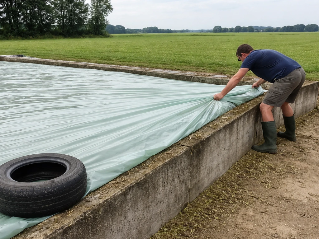Onderfolie strak over de kuil, met gewichten langs de rand voor luchtdichte afdichting op een weiland.