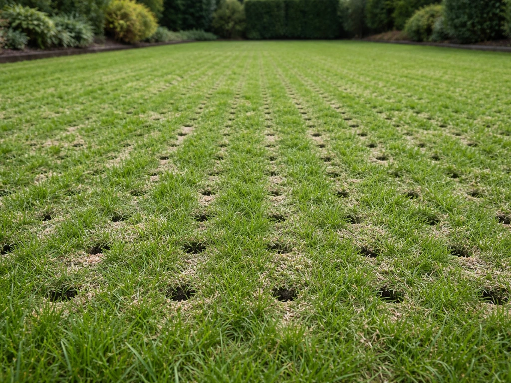 Luchtig gemaakt gazon met zichtbare beluchtingsgaten en verse topdressing op een nette groene grasmat