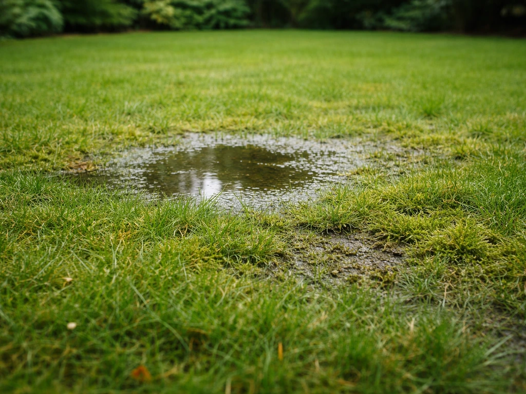 Gazon met nat plasje dat langzaam wegtrekt, met mos en een doffe viltlaag als teken van slechte doorlatendheid.