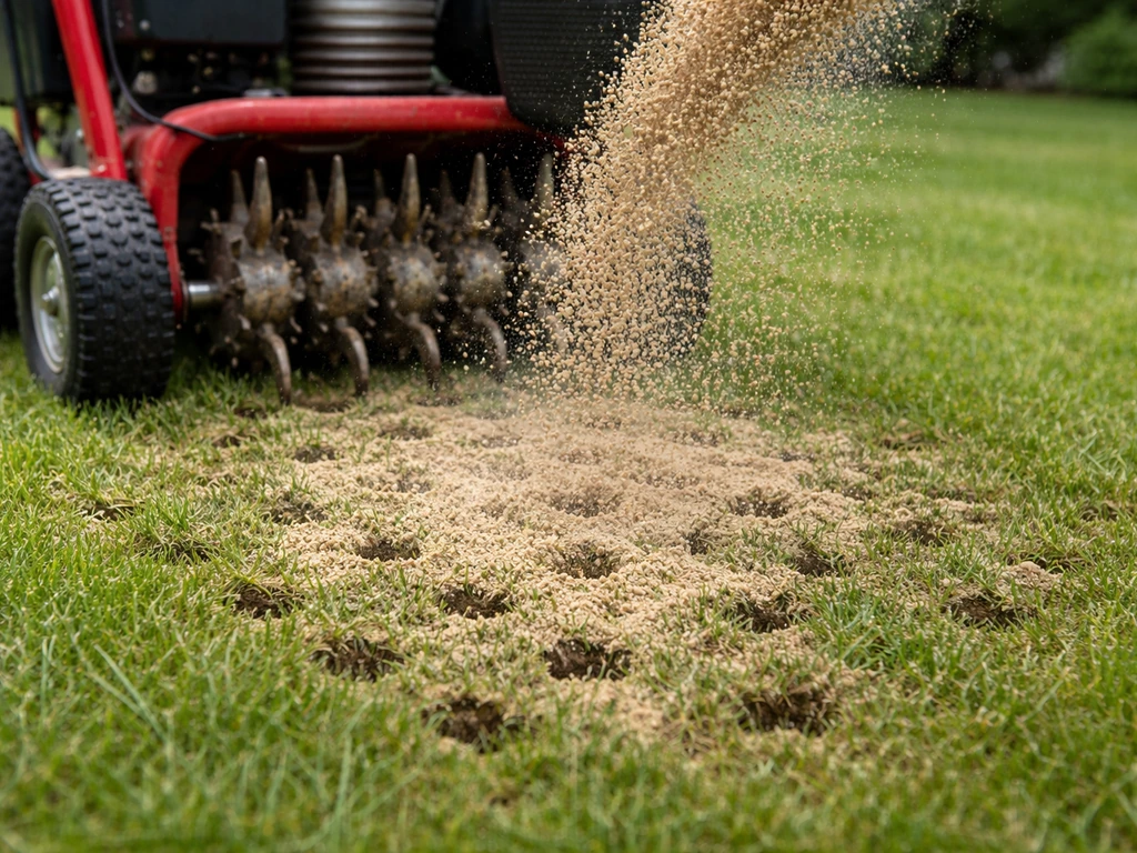 Close-up van een beluchtingsmachine die gaten maakt en topdressingzand dat in het gras valt.