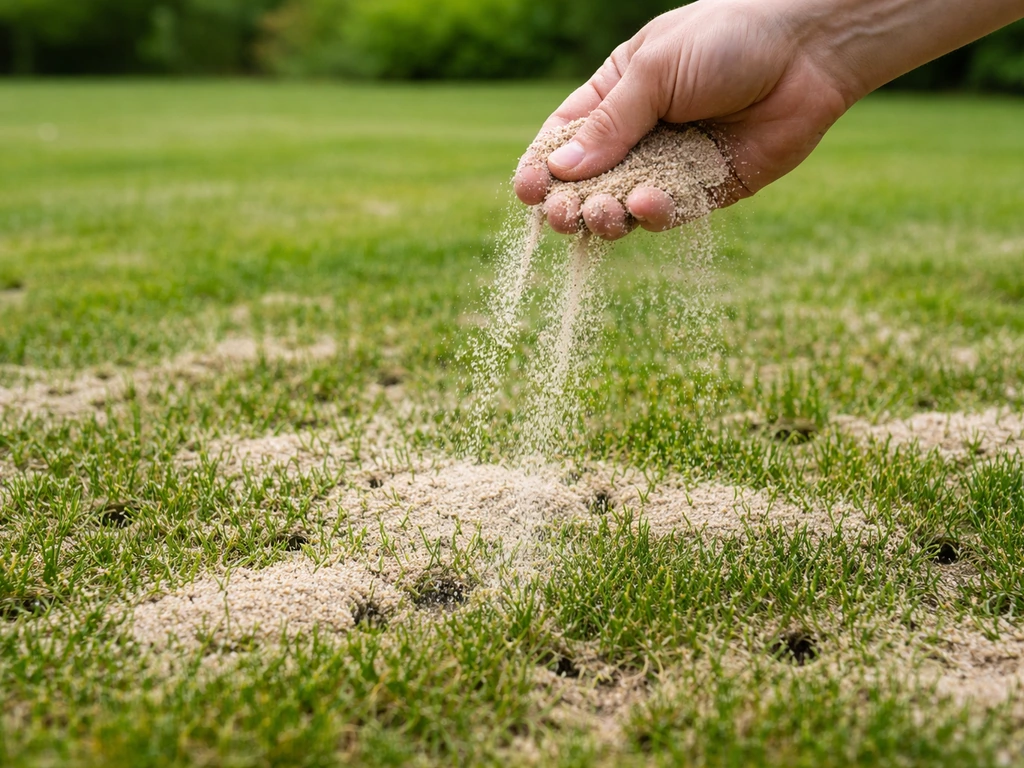 Hand strooit egaal fijn gazonzand/topdressing over een gazon met zichtbare beluchtingstekens.