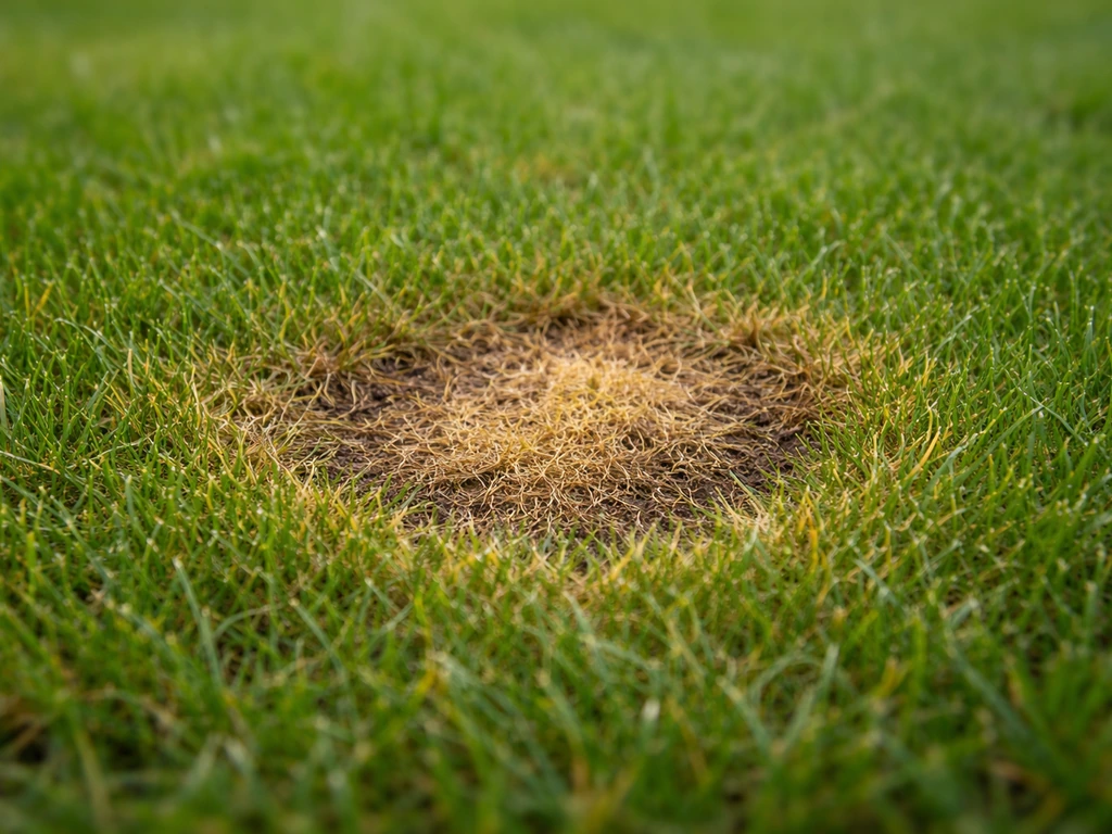 Close-up van een plakkaat op het gazon met verkleuring en een duidelijke ring rondom de plek.