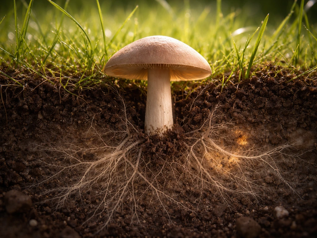 Macro van een paddenstoel uit gazonbodem met wazig draderig schimmelweefsel onder het gras.