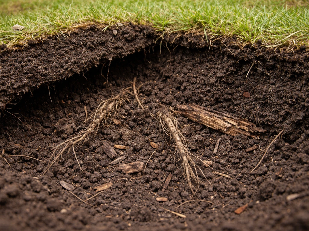 Opengewerkte zode met zichtbaar verrot hout en oude wortelresten in donkere grond