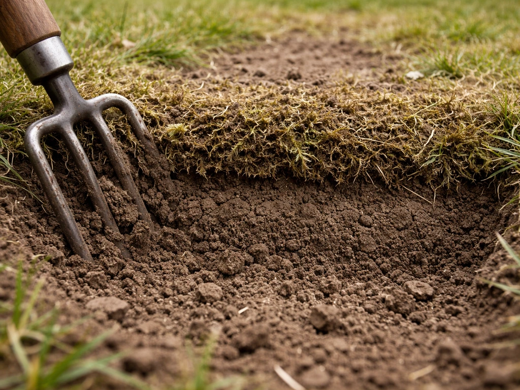 Opengewerkte strook in het gazon met dikke vervilte moslaag en compacte bodem eronder.