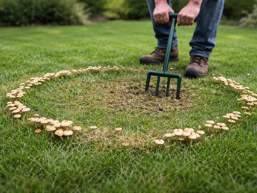 Man die met een beluchter of hooivork een ring met paddenstoelen in het gazon doorprikt