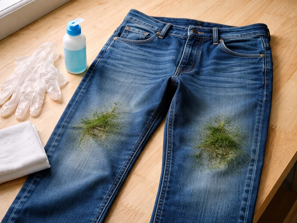 Blauwe jeans met zichtbare grasvlek, met handschoenen en vlekkenmiddel op een houten werkbank.