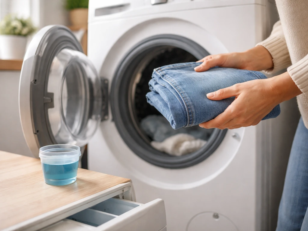 Wasmachine bij open deur met jeans en doseerbakje, 30–40°C wassen en goed programma als focus.
