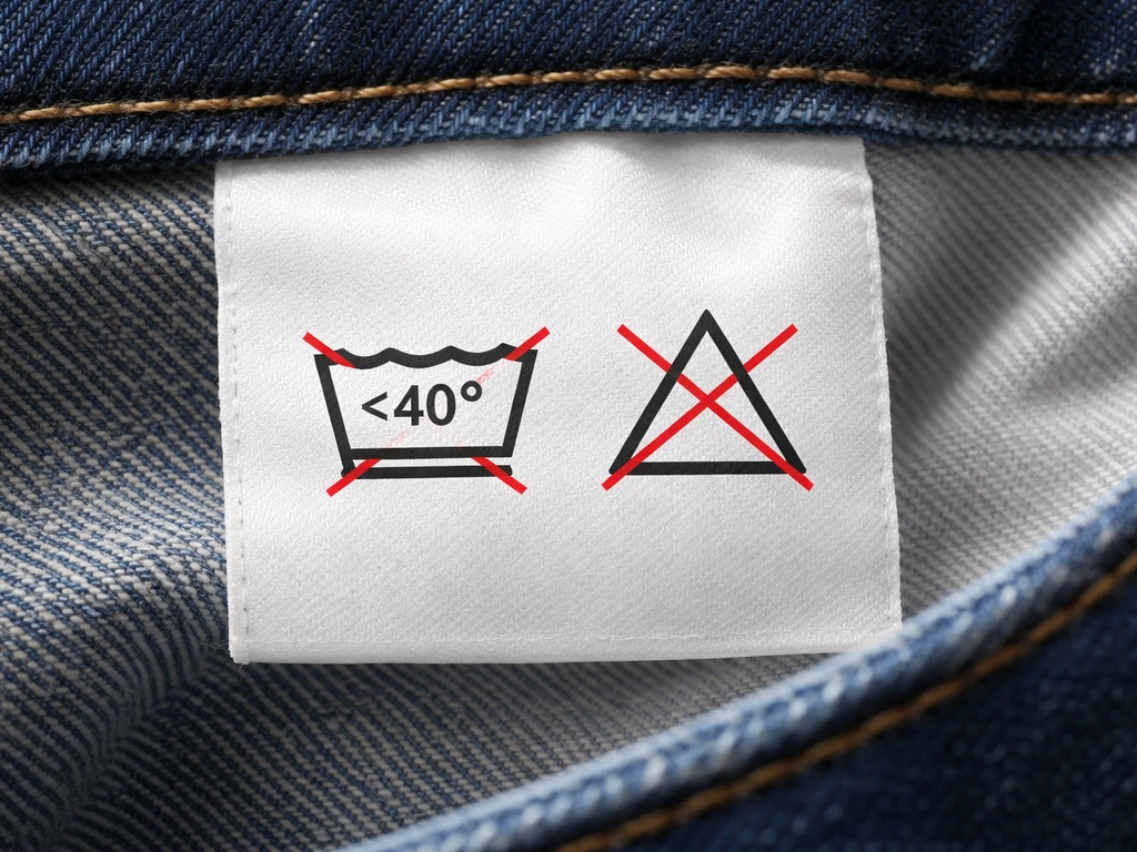 Close-up van een jeanswasetiket met verboden icoon voor te heet wassen en chloorbleekmiddel.