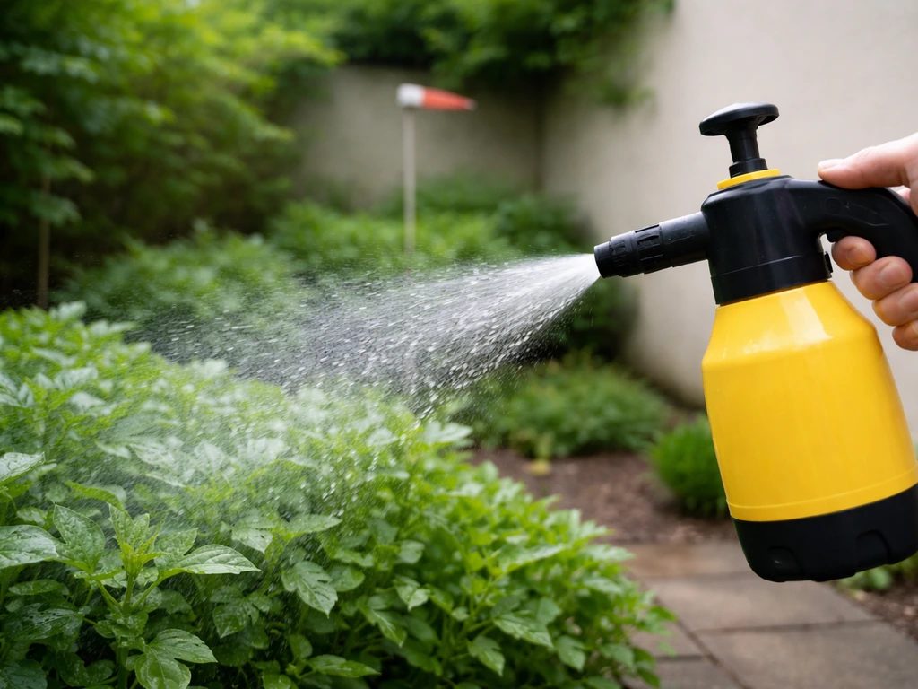 Lagedrukspuit met grote druppels in een rustige tuin, minimalistische setting om drift te vermijden.
