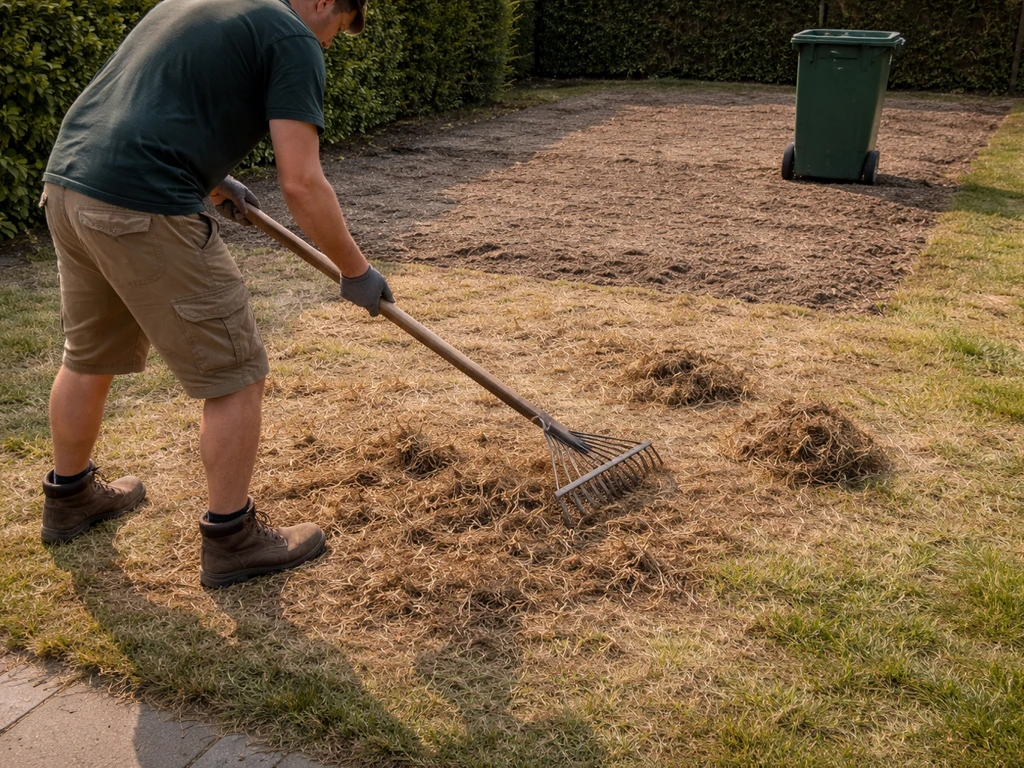 Tuinman harkt losgemaakte grasmatresten en bereidt de bodem voor op herinzaai