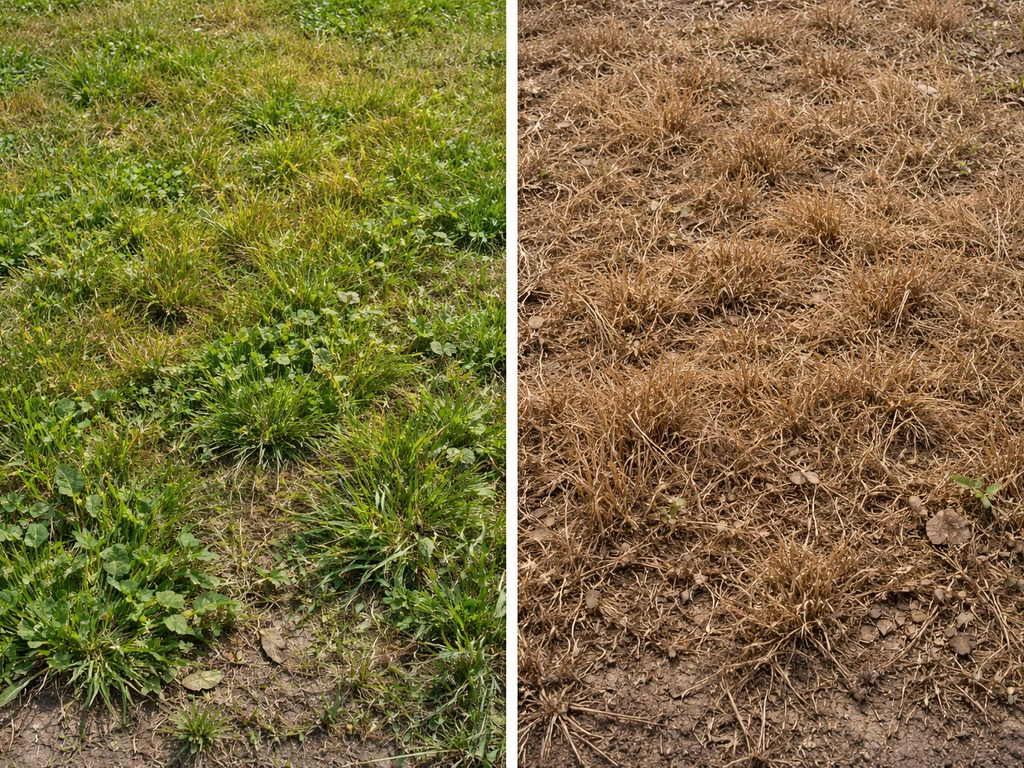 Twee naast elkaar gefotografeerde tuingrasstroken: één met lichte verkleuring en één volledig afgestorven gras/onkruid.