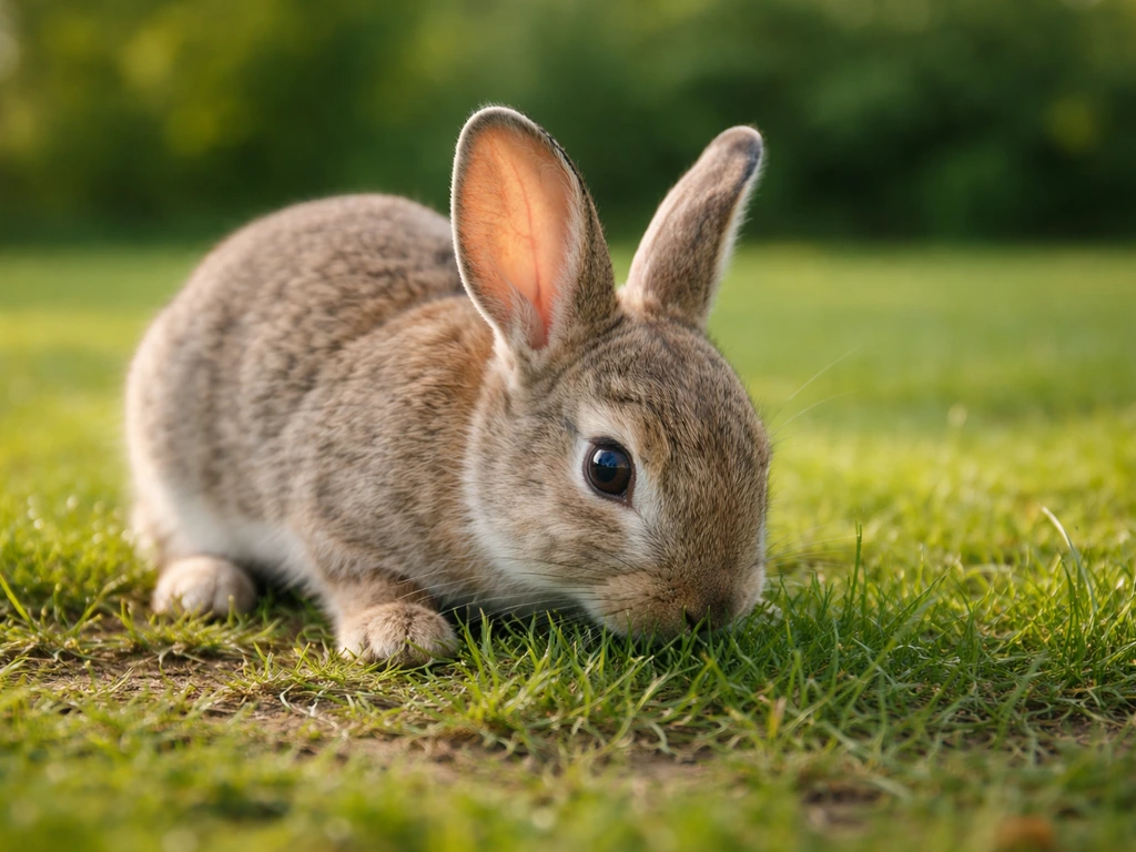 Konijn dat rustig vers gras graast op een Nederlands gazon, met een kalme, zorgvuldige sfeer.